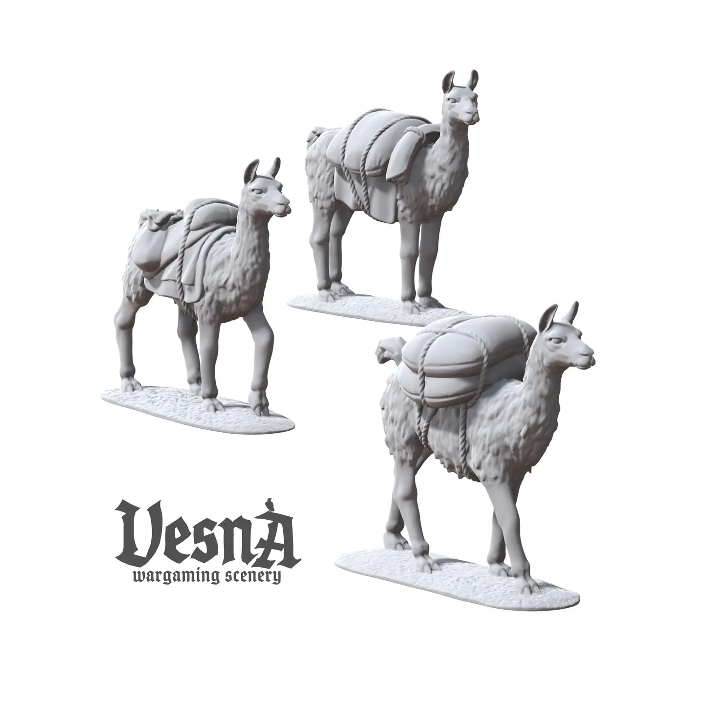 Resin packed llama miniatures with bundles and sacks for caravan or market TTRPG and wargaming terrain
