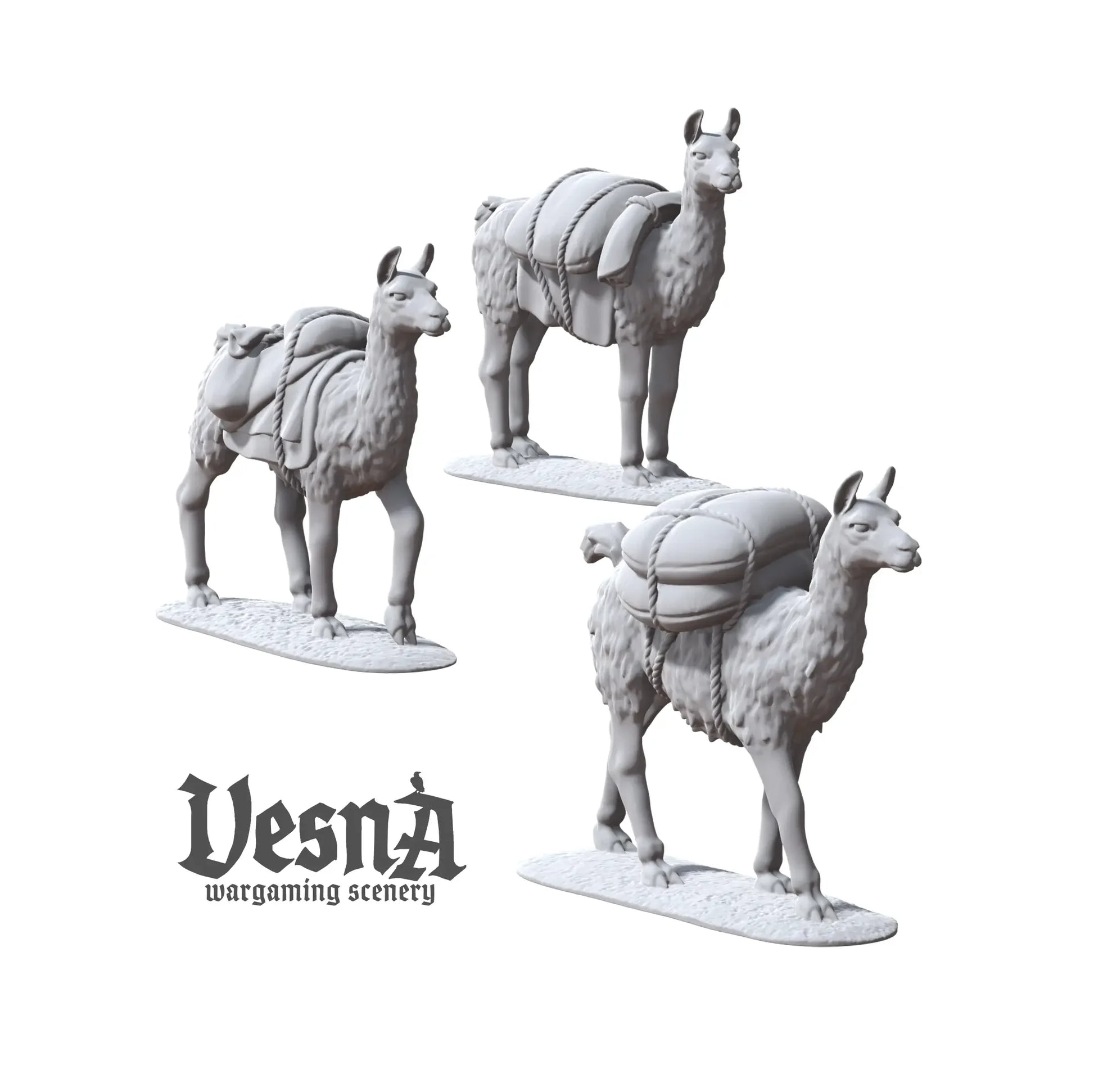 Resin packed llama miniatures with bundles and sacks for caravan or market TTRPG and wargaming terrain