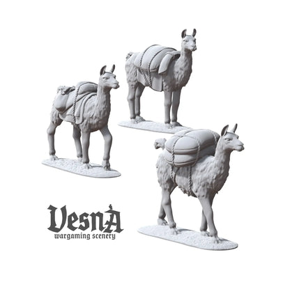 Resin packed llama miniatures with bundles and sacks for caravan or market TTRPG and wargaming terrain
