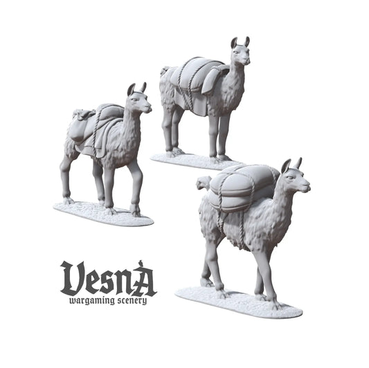 Resin packed llama miniatures with bundles and sacks for caravan or market TTRPG and wargaming terrain