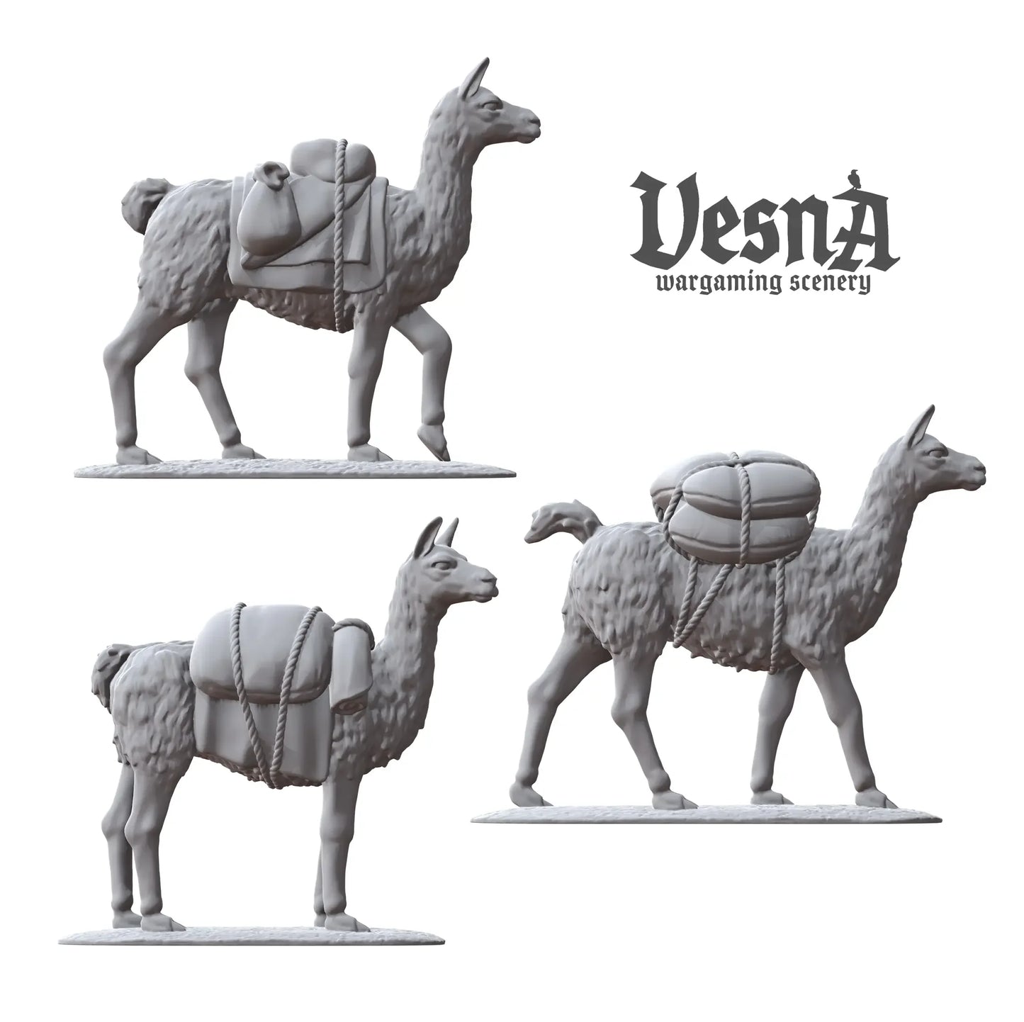 Three resin packed llama miniatures in side view poses, ideal for fantasy or historical wargaming setups
