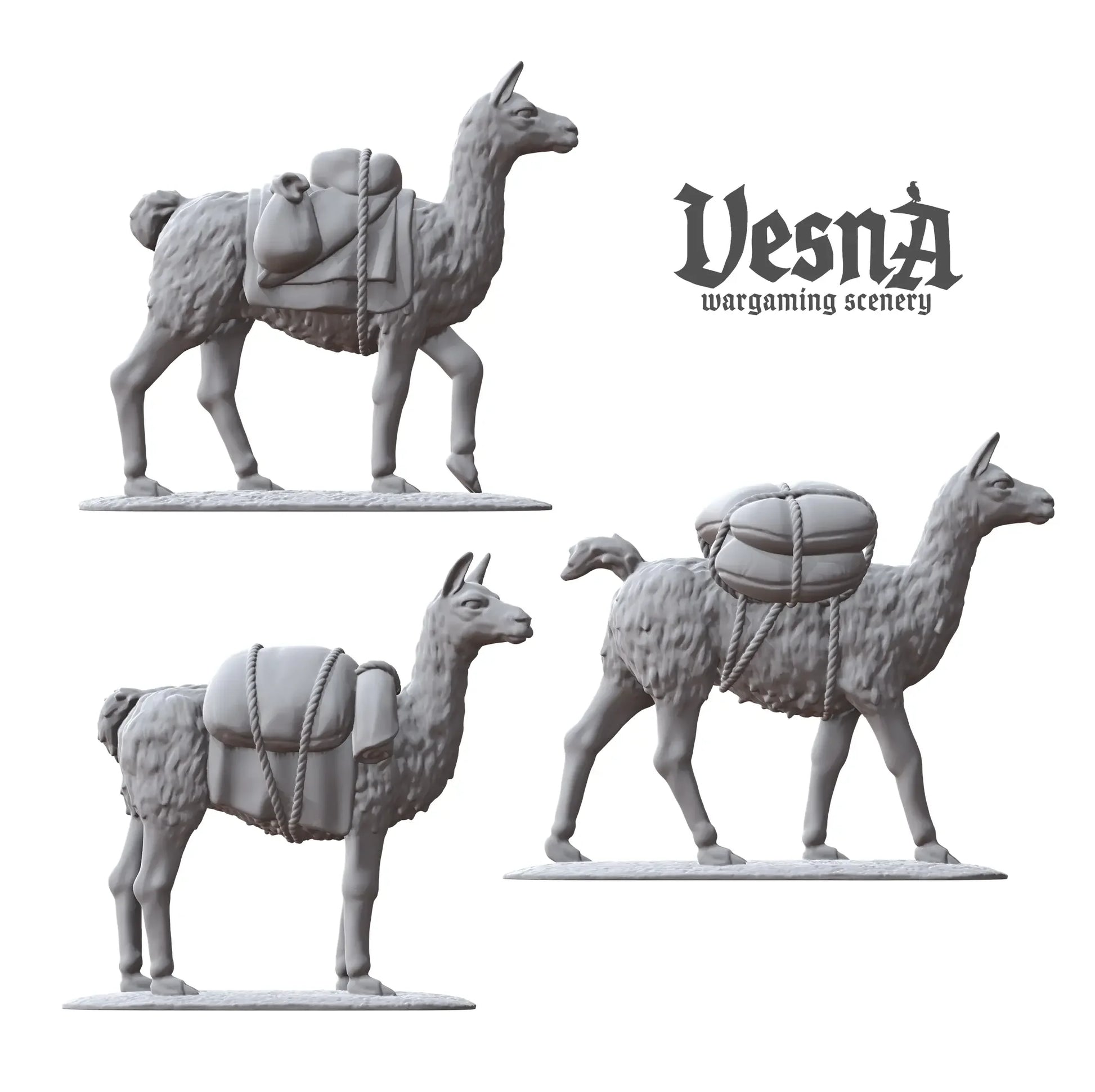 Three resin packed llama miniatures in side view poses, ideal for fantasy or historical wargaming setups
