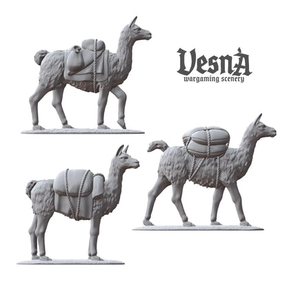 Three resin packed llama miniatures in side view poses, ideal for fantasy or historical wargaming setups
