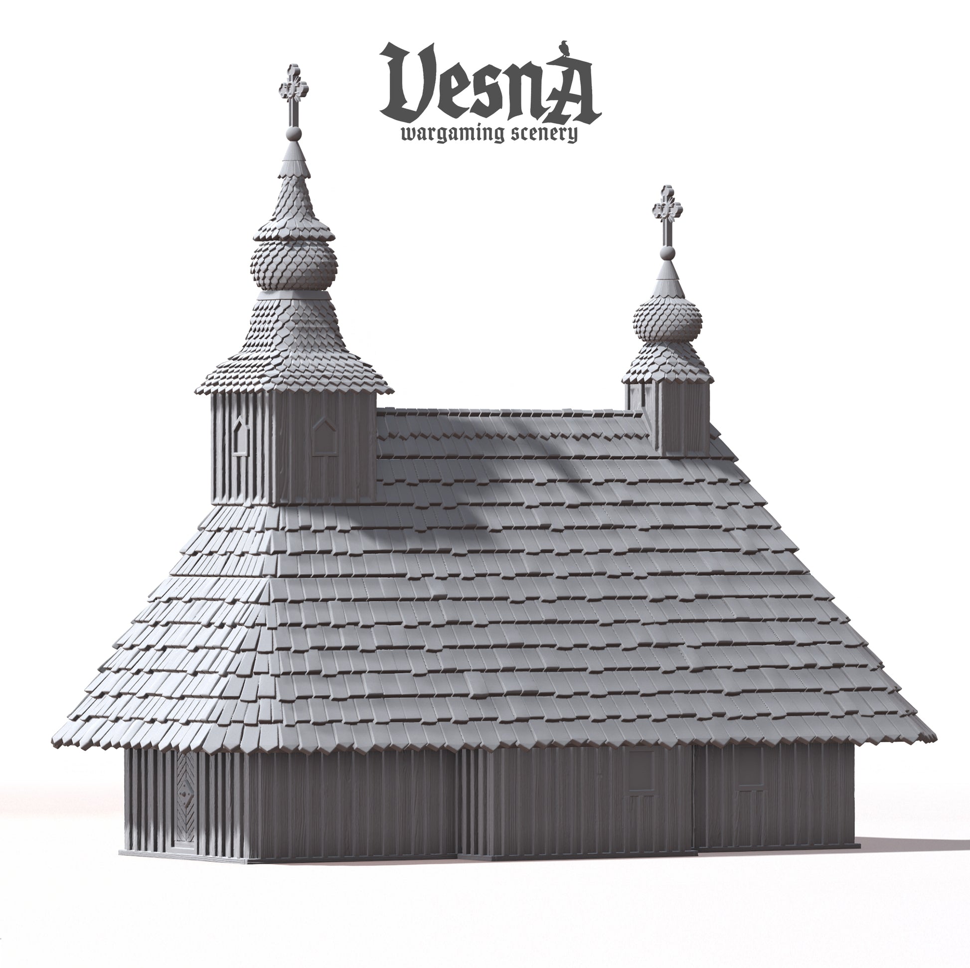 Wooden Church resin wargaming scenery with cross-topped towers, detailed wood textures, and modular roof and wall parts for tabletop terrain