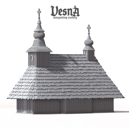 Wooden Church resin wargaming scenery with cross-topped towers, detailed wood textures, and modular roof and wall parts for tabletop terrain