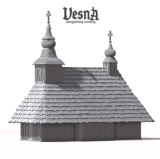 Wooden Church resin wargaming scenery with cross-topped towers, detailed wood textures, and modular roof and wall parts for tabletop terrain