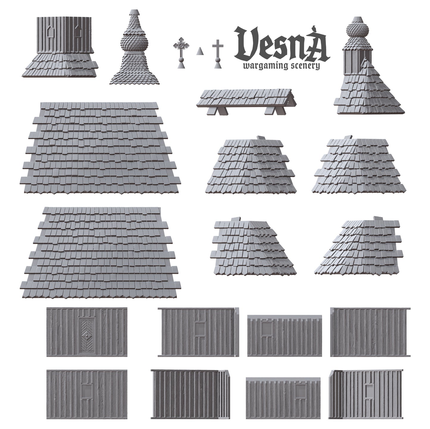 Wooden Church resin wargaming scenery with cross-topped towers, detailed wood textures, and modular roof and wall parts for tabletop terrain