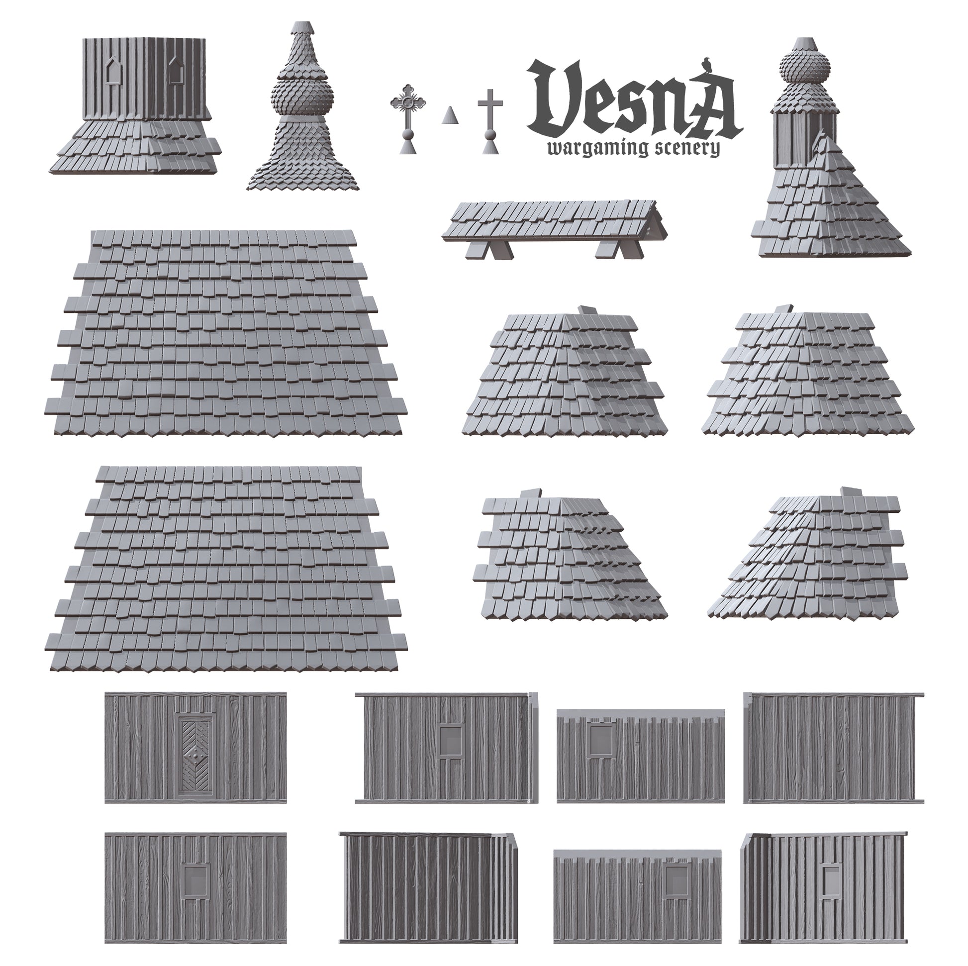 Wooden Church resin wargaming scenery with cross-topped towers, detailed wood textures, and modular roof and wall parts for tabletop terrain