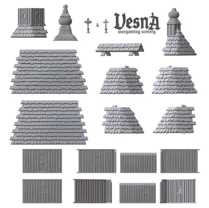 Wooden Church resin wargaming scenery with cross-topped towers, detailed wood textures, and modular roof and wall parts for tabletop terrain