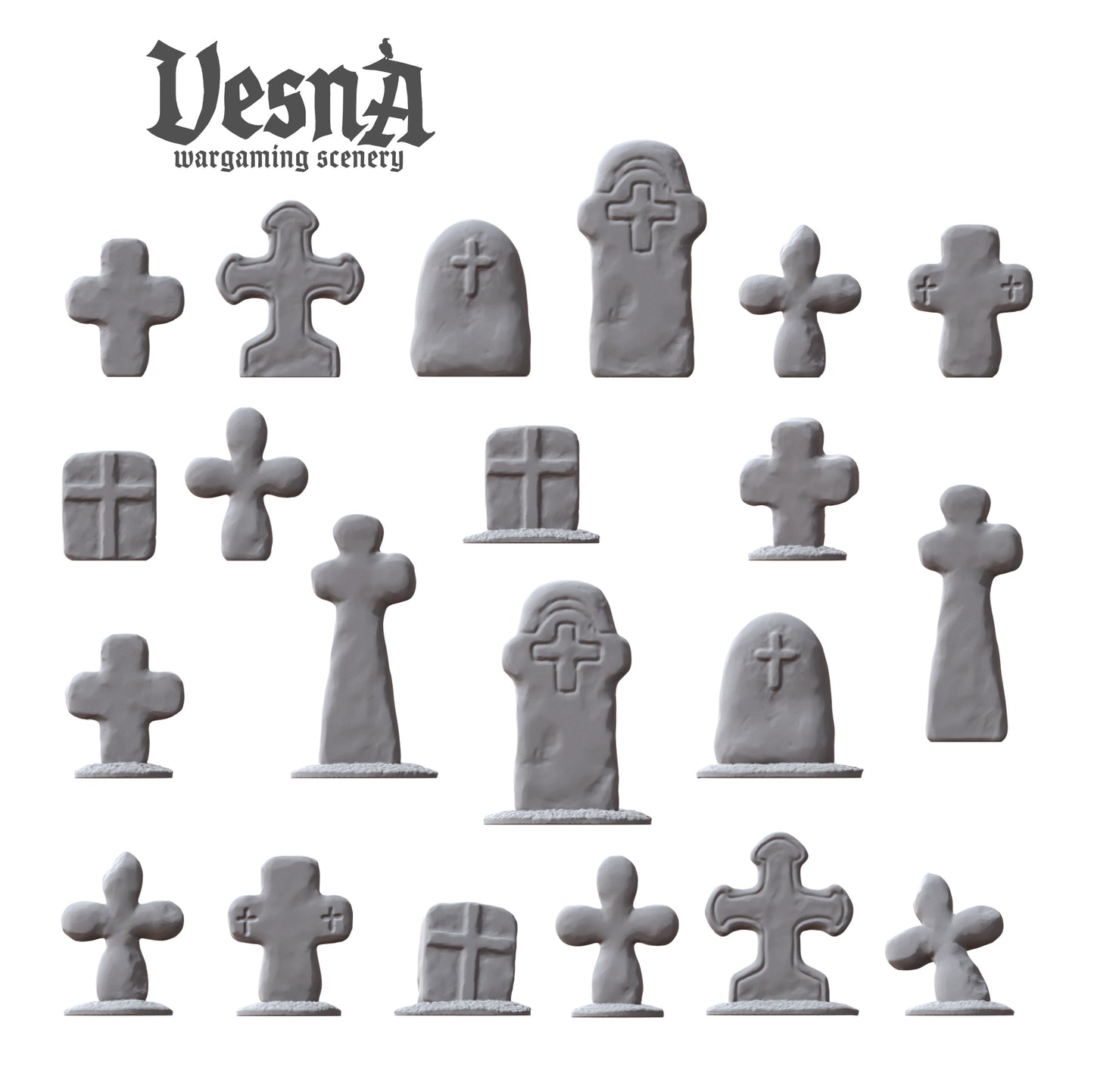 Grave Stones resin scenery set with gothic headstones and crosses for 28–32mm wargaming terrain and dioramas, shown in multiple angles