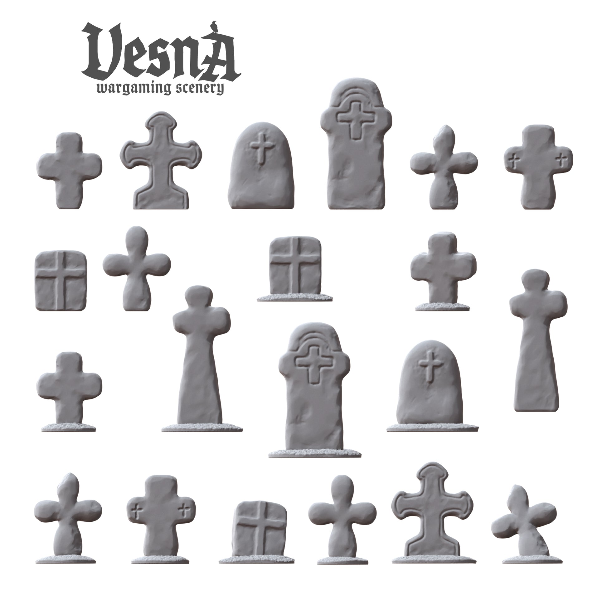 Grave Stones resin scenery set with gothic headstones and crosses for 28–32mm wargaming terrain and dioramas, shown in multiple angles