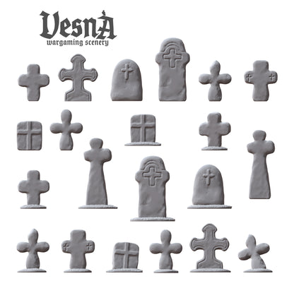 Grave Stones resin scenery set with gothic headstones and crosses for 28–32mm wargaming terrain and dioramas, shown in multiple angles