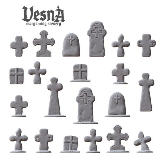 Grave Stones resin scenery set with gothic headstones and crosses for 28–32mm wargaming terrain and dioramas, shown in multiple angles