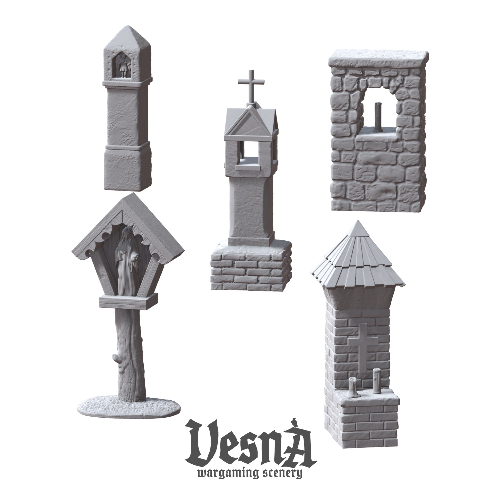 Wayside Shrines resin scenery set with five unique shrine designs for 28–32mm wargaming, gothic scatter terrain, and RPG diorama builds