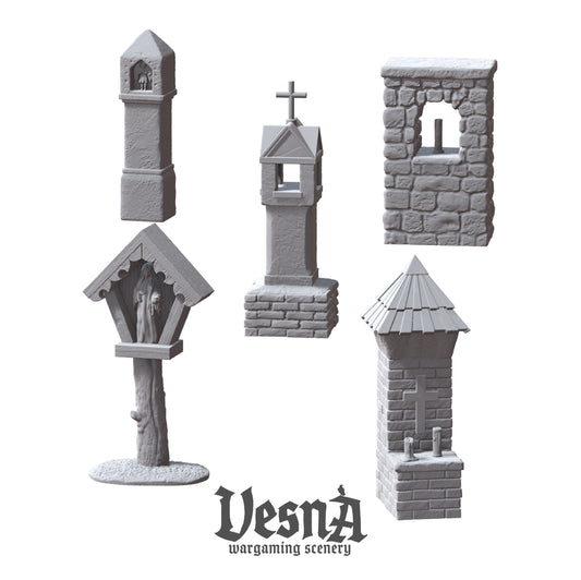 Wayside Shrines resin scenery set with five unique shrine designs for 28–32mm wargaming, gothic scatter terrain, and RPG diorama builds