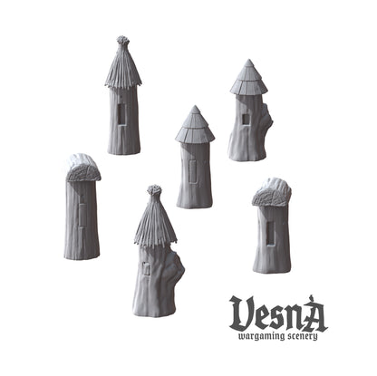 Village Beehive wargaming scenery – 28 mm scale resin terrain with wooden hive towers and straw or shingled roofs for tabletop and dioramas.