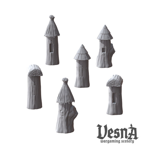 Village Beehive wargaming scenery – 28 mm scale resin terrain with wooden hive towers and straw or shingled roofs for tabletop and dioramas.