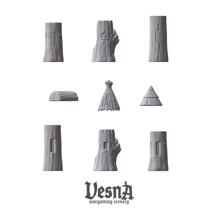 Village Beehive wargaming scenery – 28 mm scale resin terrain with wooden hive towers and straw or shingled roofs for tabletop and dioramas.