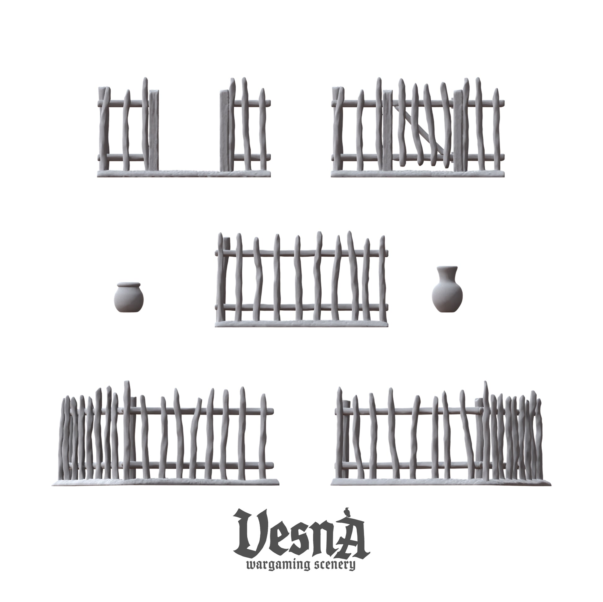Garden Fence wargaming scenery – 28 mm scale resin terrain with wooden pickets and pots for tabletop and diorama layouts.