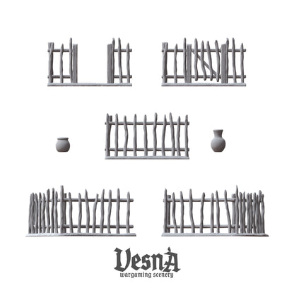 Garden Fence wargaming scenery – 28 mm scale resin terrain with wooden pickets and pots for tabletop and diorama layouts.