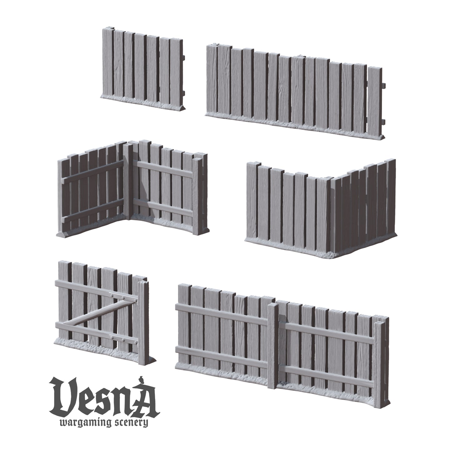 Village Fence wargaming scenery – 28 mm scale resin terrain set with plank fences and gates for tabletop and diorama layouts.