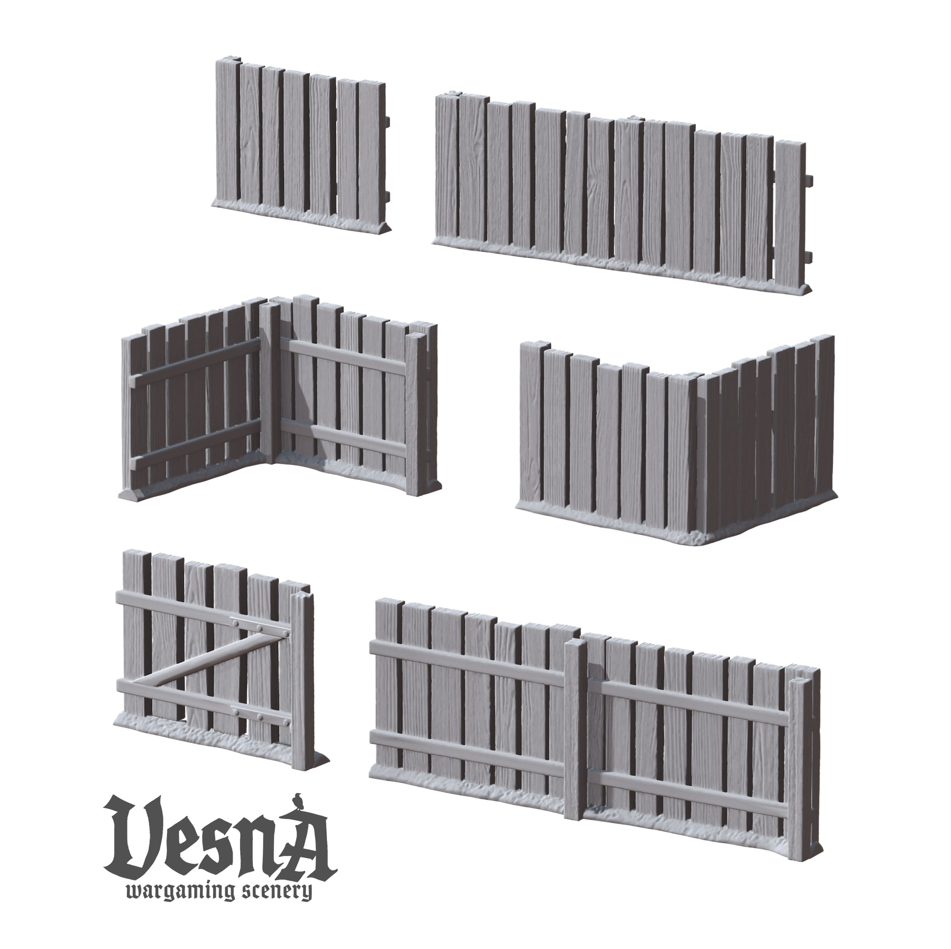 Village Fence wargaming scenery – 28 mm scale resin terrain set with plank fences and gates for tabletop and diorama layouts.