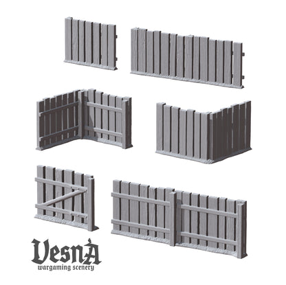 Village Fence wargaming scenery – 28 mm scale resin terrain set with plank fences and gates for tabletop and diorama layouts.