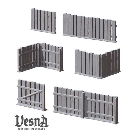 Village Fence wargaming scenery – 28 mm scale resin terrain set with plank fences and gates for tabletop and diorama layouts.