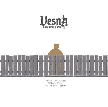 Village Fence wargaming scenery – 28 mm scale resin terrain set with plank fences and gates for tabletop and diorama layouts.