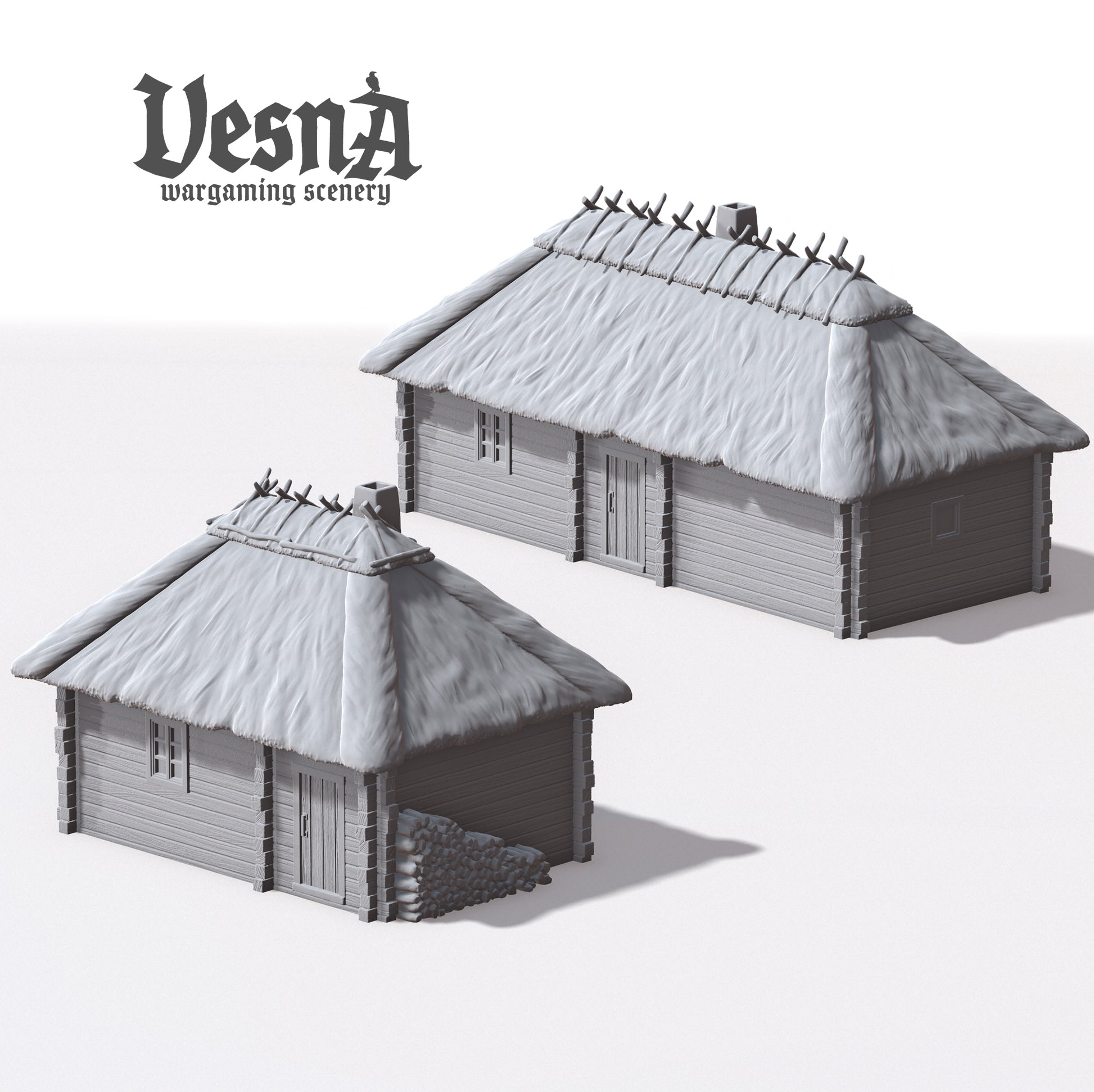 Wooden House wargaming scenery – 28 mm scale resin terrain with thatched roof and log walls for tabletop and diorama setups.
