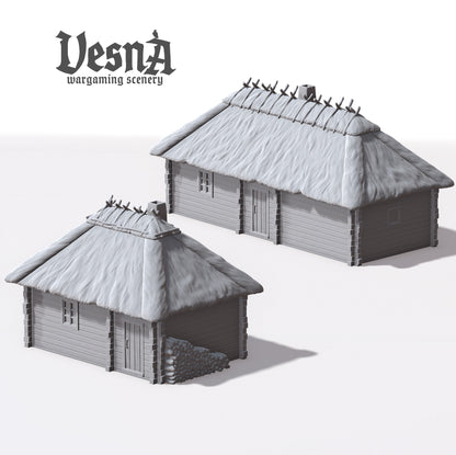 Wooden House wargaming scenery – 28 mm scale resin terrain with thatched roof and log walls for tabletop and diorama setups.