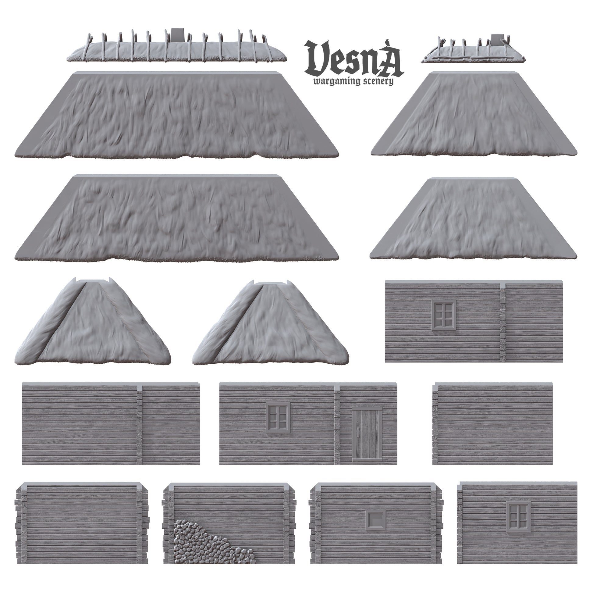 Wooden House wargaming scenery – 28 mm scale resin terrain with thatched roof and log walls for tabletop and diorama setups.