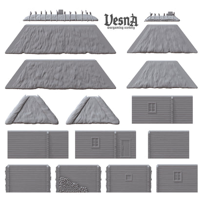 Wooden House wargaming scenery – 28 mm scale resin terrain with thatched roof and log walls for tabletop and diorama setups.