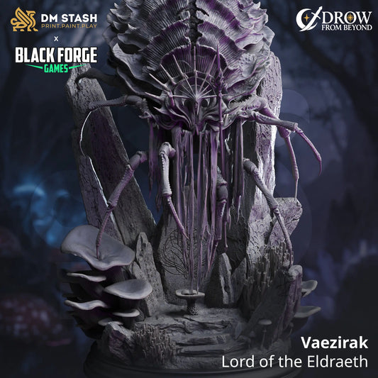Vaezirak – Lord of the Eldraeth resin miniature with insectoid limbs, fungal terrain base, and alien horror detail for tabletop RPGs or display