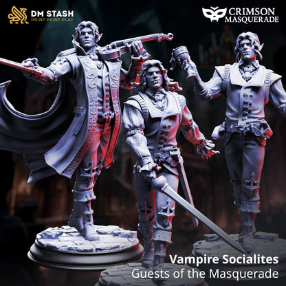 High-detail resin Vampire Socialite miniatures, guests of the masquerade, perfect for TTRPG campaigns, NPCs, and gothic fantasy collections.