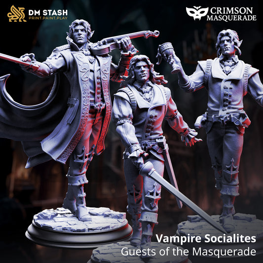 High-detail resin Vampire Socialite miniatures, guests of the masquerade, perfect for TTRPG campaigns, NPCs, and gothic fantasy collections.