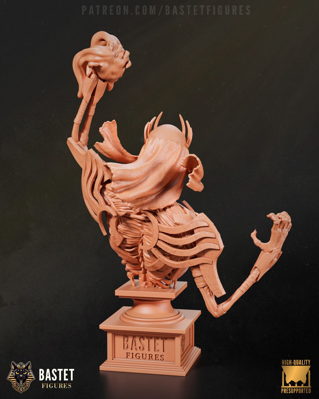 Resin bust of Vecna the Archlich, featuring skeletal arms, crown, and spell tome, standing 153mm tall.