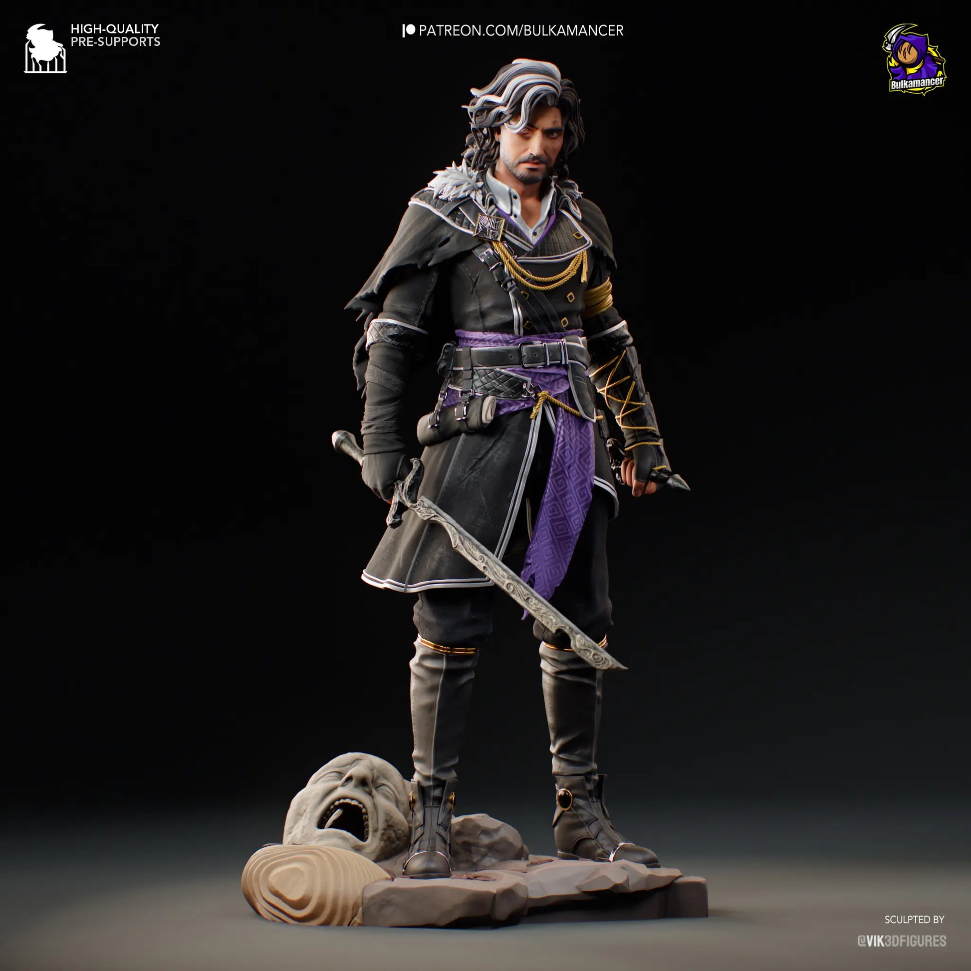 Angled pose of painted Verso with sword extended and flowing cape