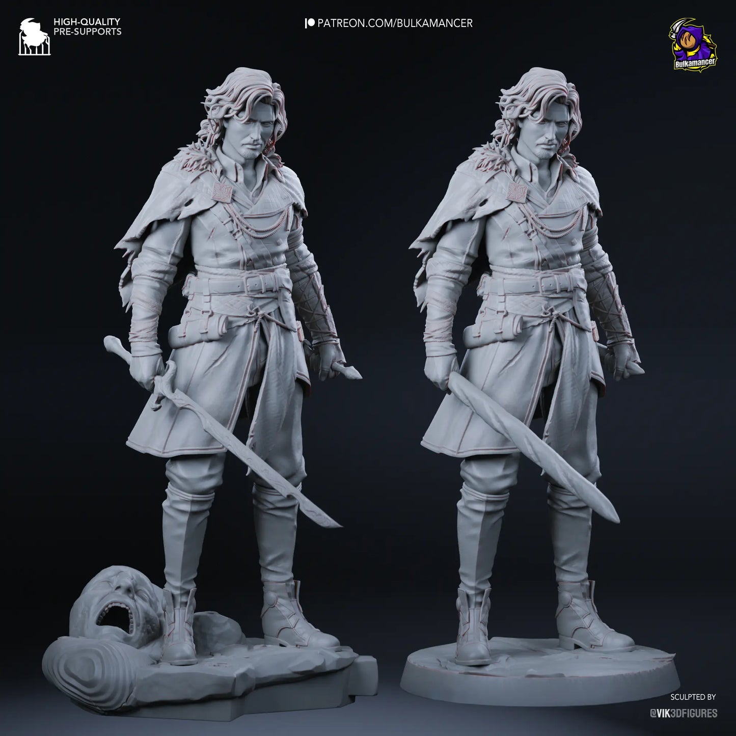Raw resin Verso statue front view with both swords and optional scenic display bases
