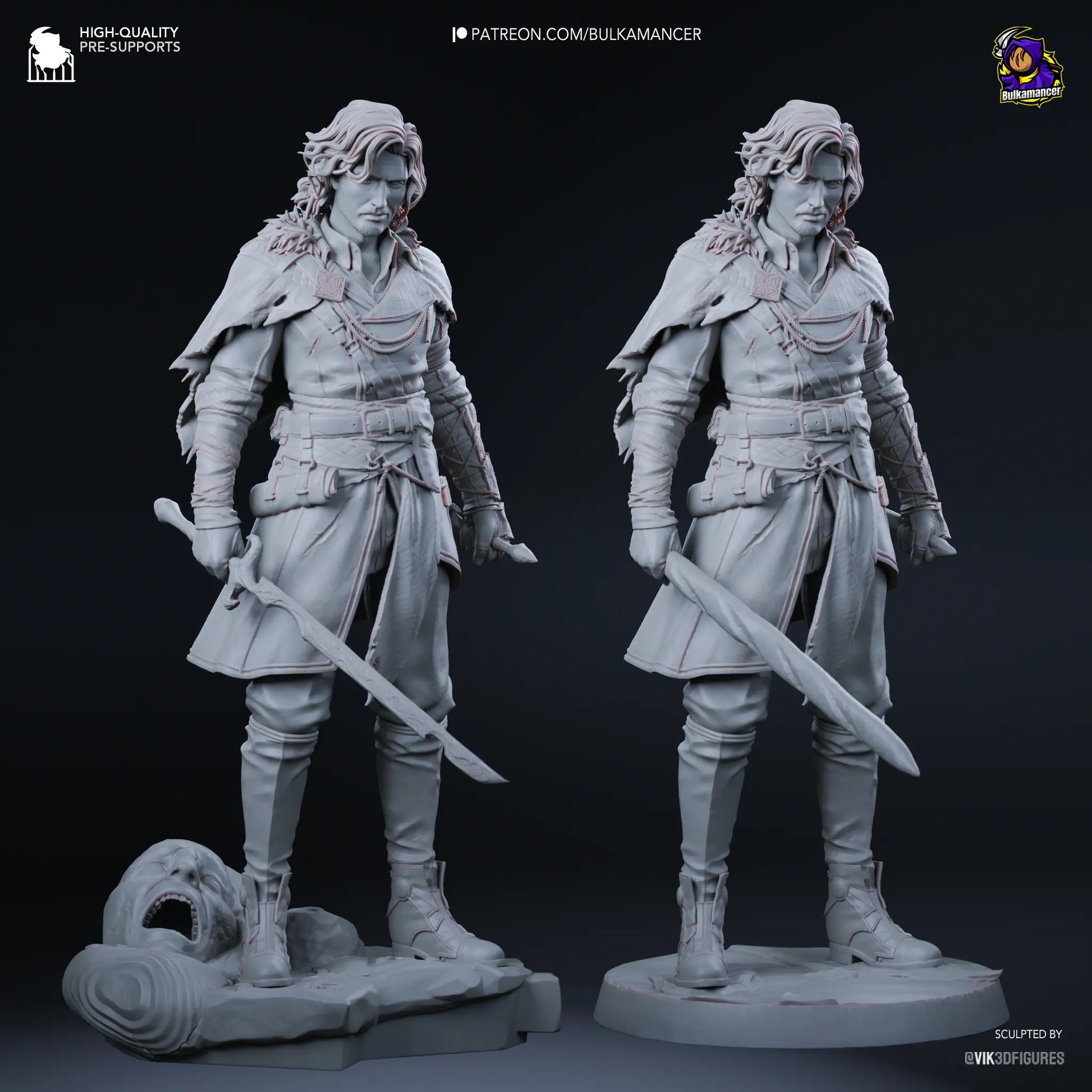 Raw resin Verso statue front view with both swords and optional scenic display bases