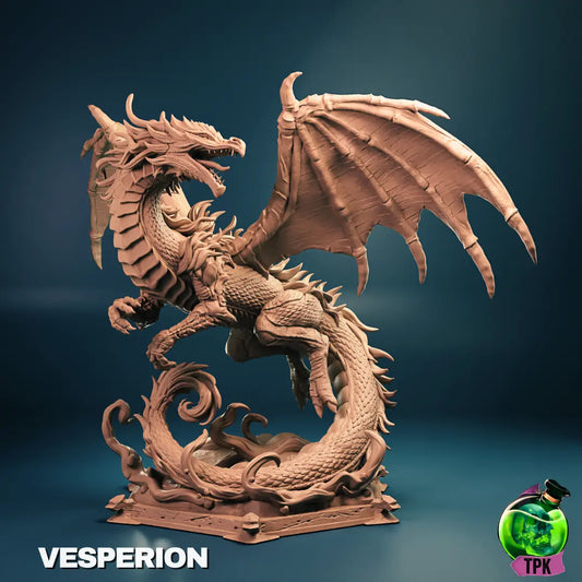 Vesperion Celestial Dragon miniature full figure for D&D, Pathfinder, and tabletop RPGs – fantasy dragon with wings and cosmic swirl base