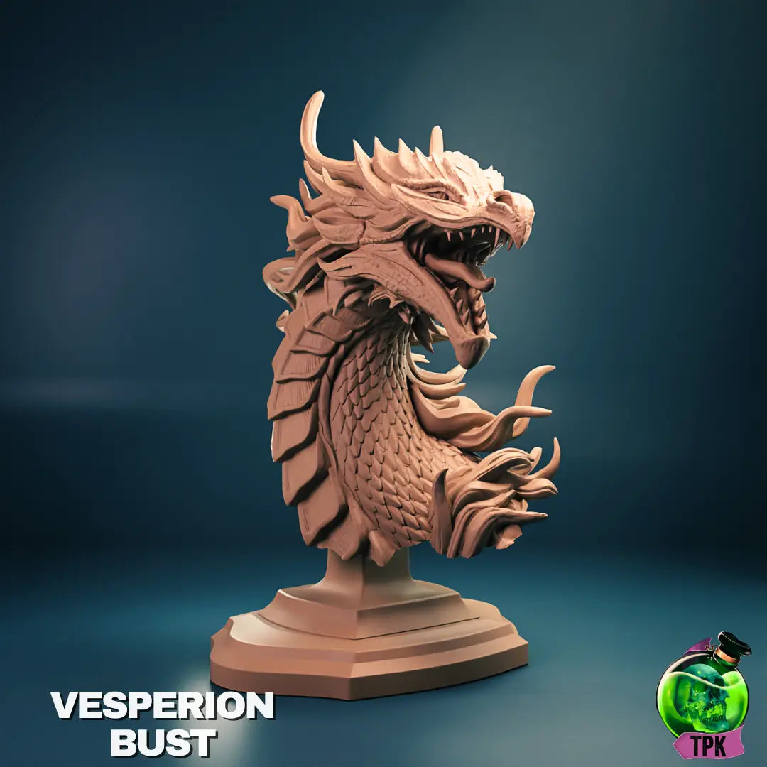 Vesperion Celestial Dragon bust – detailed fantasy dragon head and neck on pedestal for display or decor
