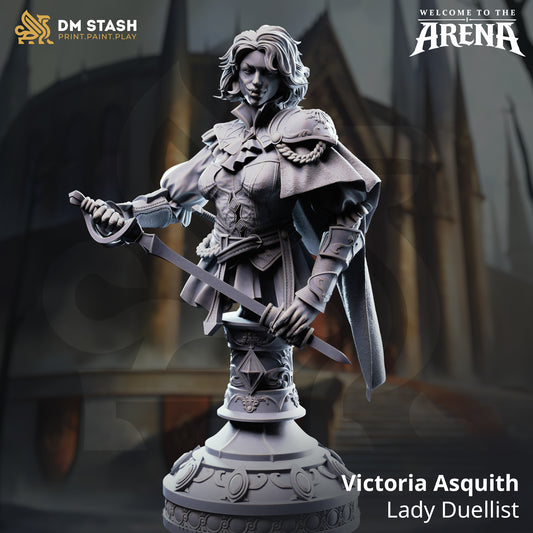 Victoria Asquith, Lady Duellist resin  display bust by DM Stash, featuring a rapier, parrying dagger, and elegant dueling attire with a flowing cape.