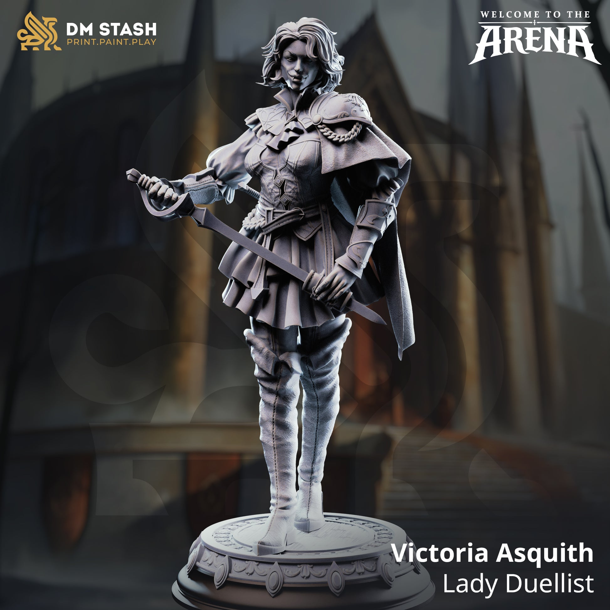 Victoria Asquith, Lady Duellist resin miniature by DM Stash, featuring a rapier, parrying dagger, and elegant dueling attire with a flowing cape.