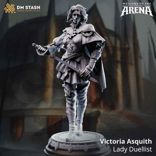Victoria Asquith, Lady Duellist resin miniature by DM Stash, featuring a rapier, parrying dagger, and elegant dueling attire with a flowing cape.