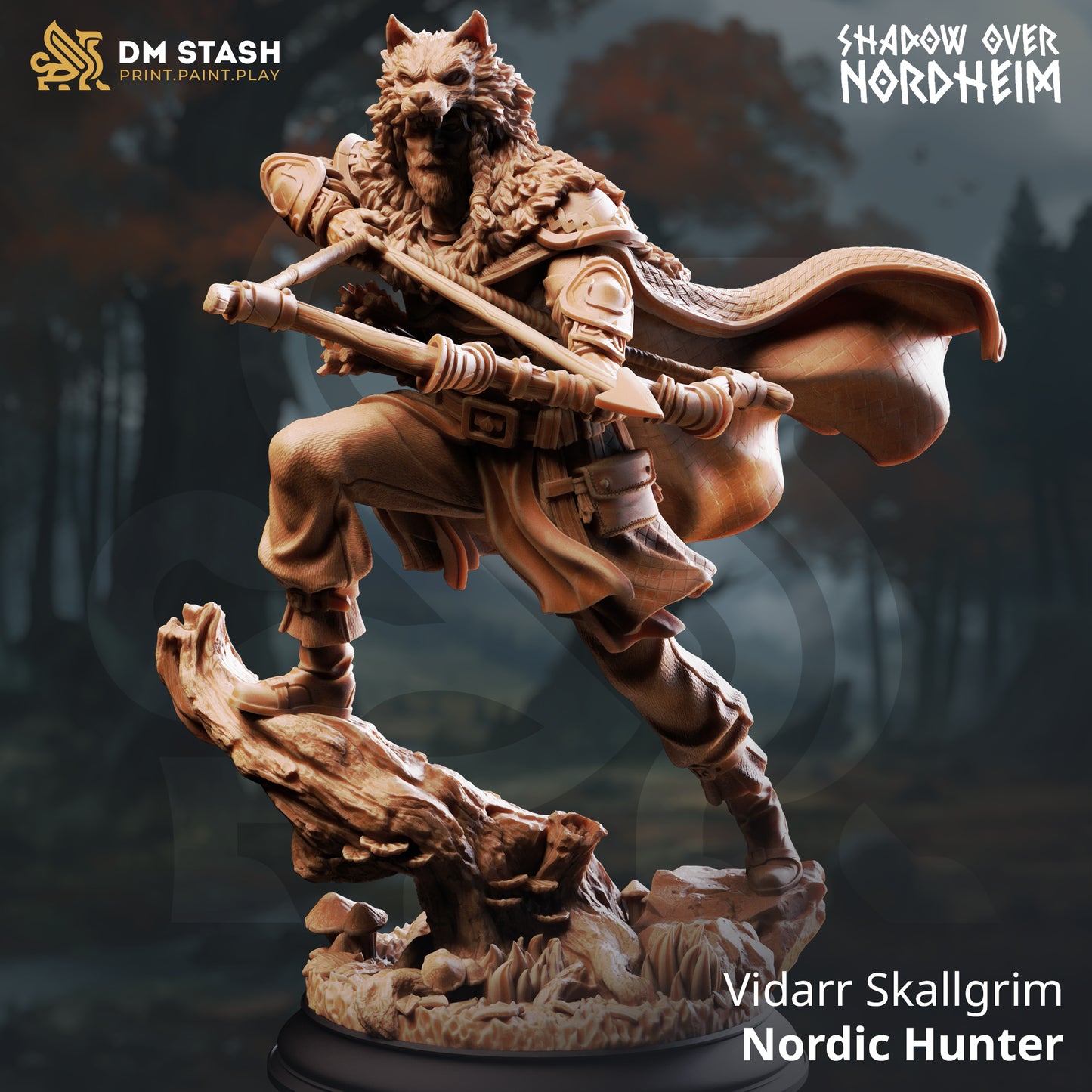 Vidarr Skallgrim Nordic Hunter resin miniature for D&D and Pathfinder, available in 32mm and 75mm scales from D&K Custom Prints