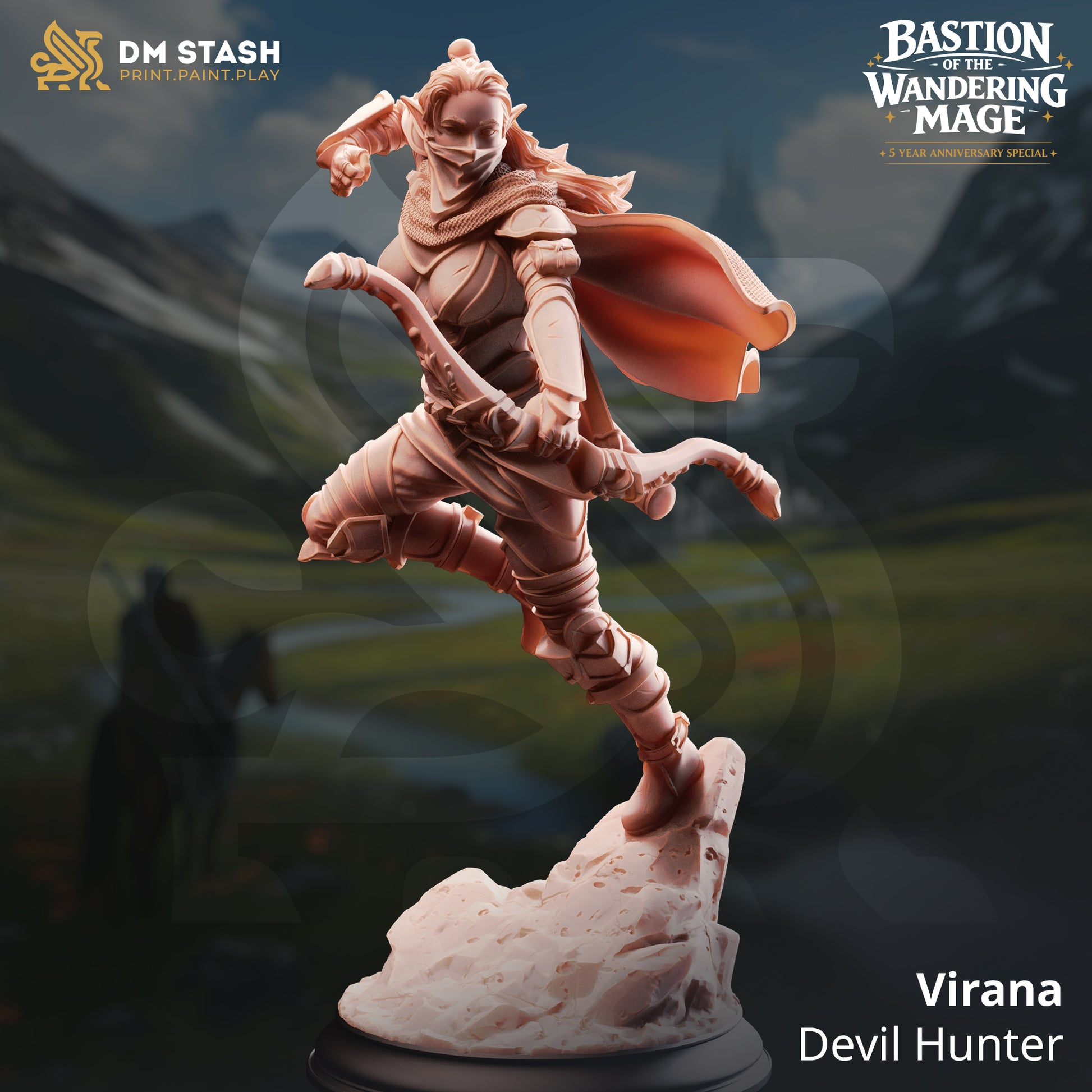 Virana Devil Hunter Elven resin miniature by DM Stash leaping with bow, featuring the mask-up head variant.