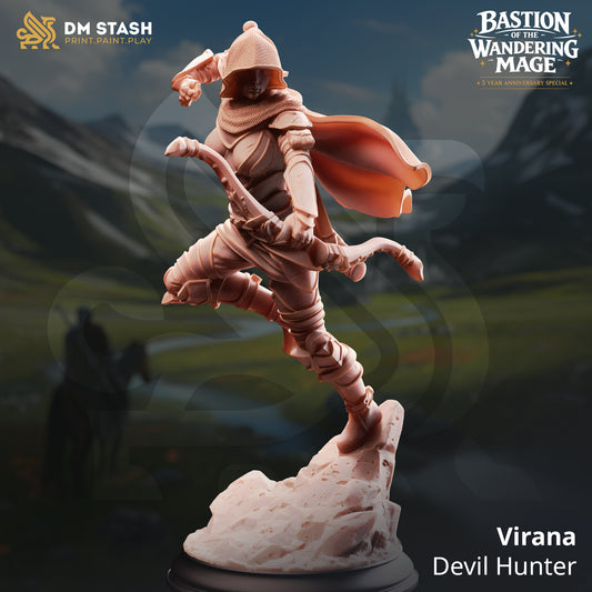 Virana Devil Hunter Elven resin miniature by DM Stash leaping with bow, featuring the hooded head variant.