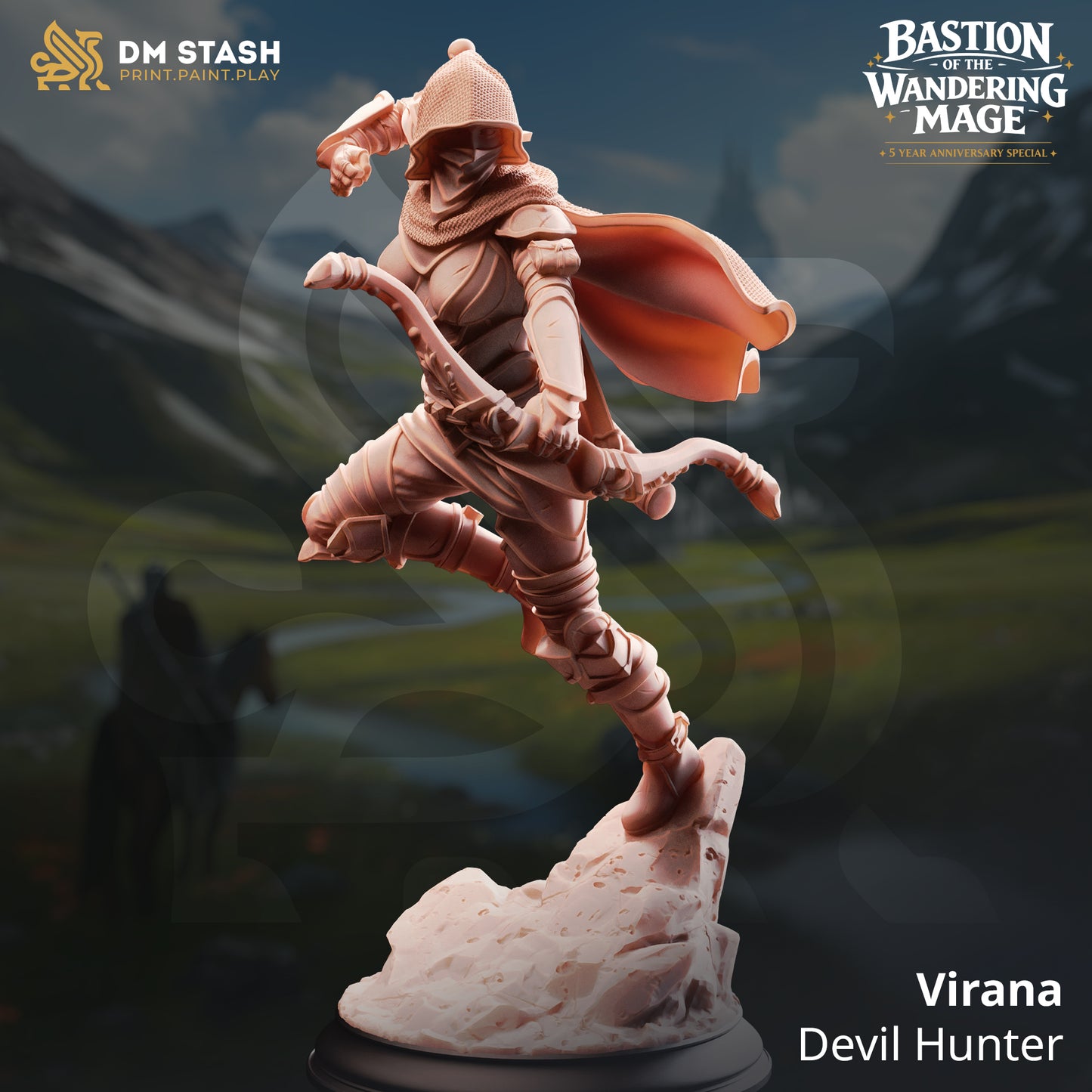 Virana Devil Hunter Elven resin miniature by DM Stash leaping with bow, featuring the bare face head variant.