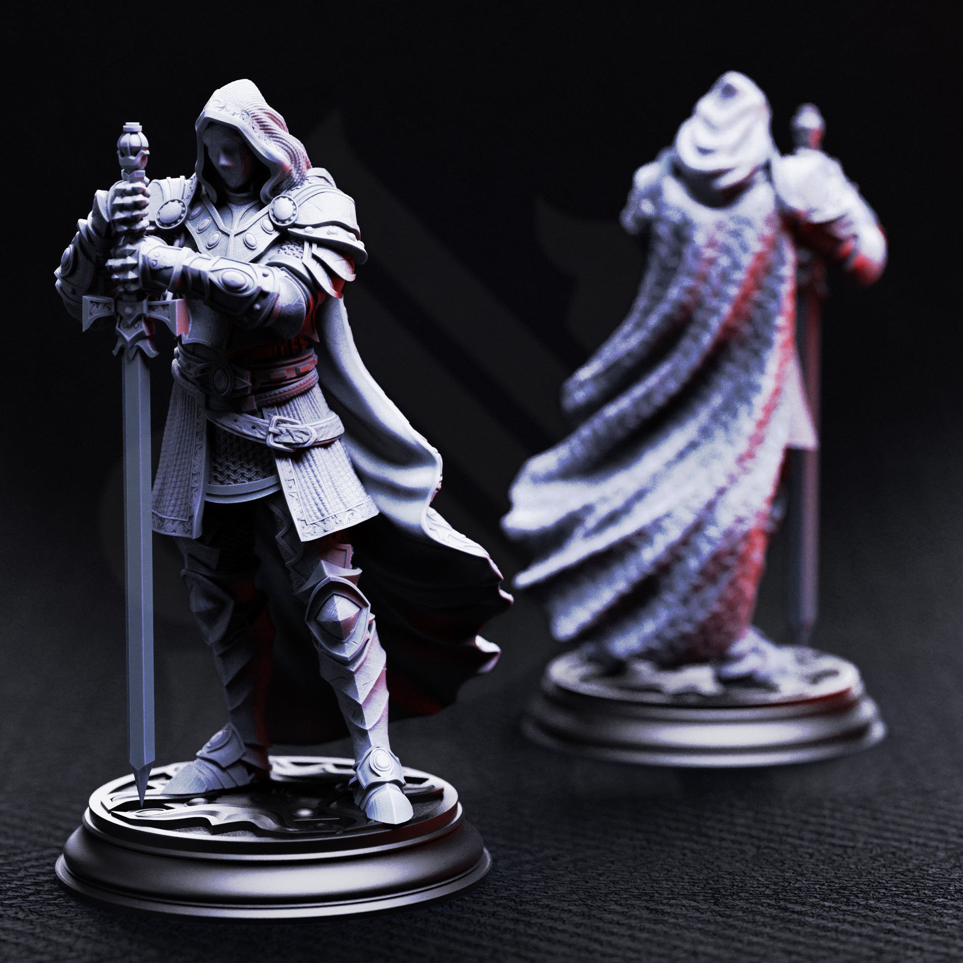 High-detail resin miniature of Visage the Faceless Knight, hooded armored warrior with sword, for TTRPG encounters and gothic fantasy collections.